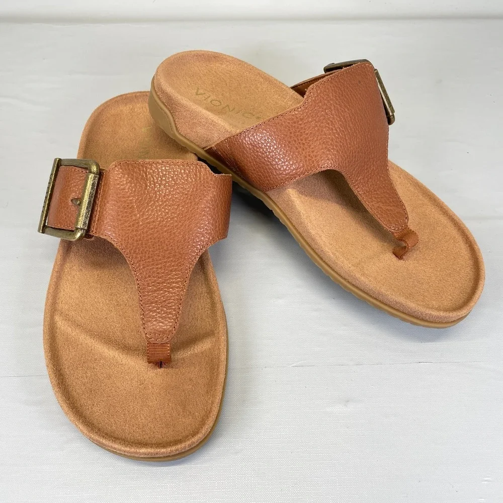 Vionic Emma Sandals Womens Size 6 Wide Tan Brown Pebbled Leather Flip Flop Shoes